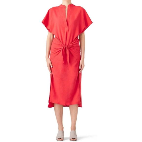 Vince Women's Size XS Red Midi Wrap Dress Short Sleeve V-Neck Poplin EUC - Picture 1 of 9